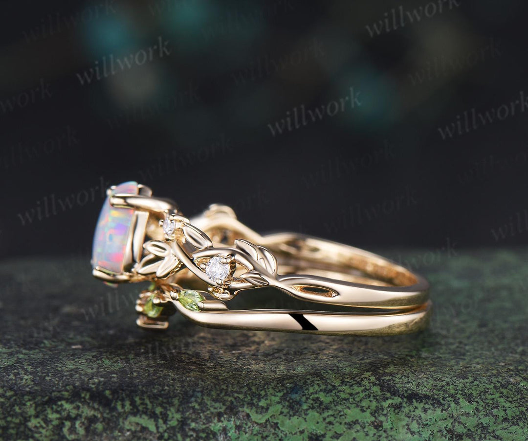 Teardrop pear shaped white opal ring vintage yellow gold infinity leaf engagement ring set peridot bridal ring set women jewelry