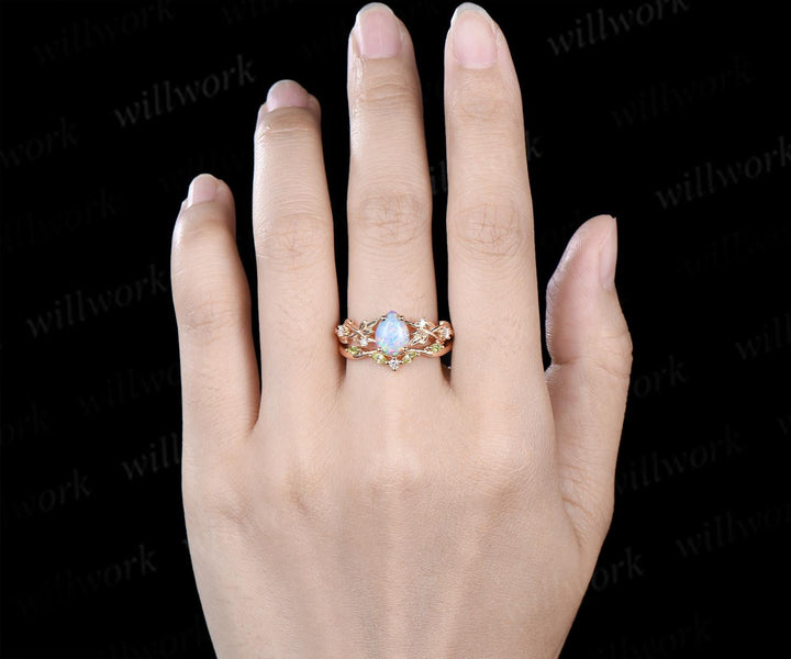 Teardrop pear shaped white opal ring vintage yellow gold infinity leaf engagement ring set peridot bridal ring set women jewelry