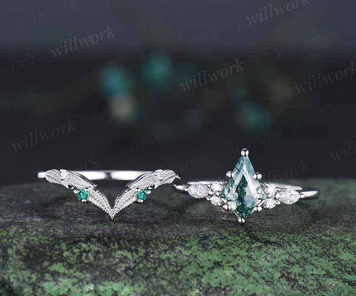 Kite cut natural moss agate engagement ring set moissanite emerald white gold ring leaf nature inspired wedding ring band bridal set