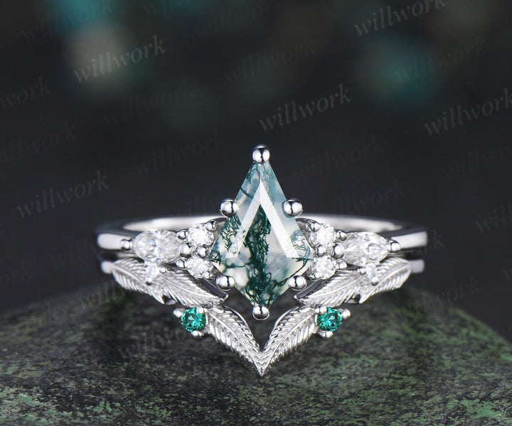 Kite cut natural moss agate engagement ring set moissanite emerald white gold ring leaf nature inspired wedding ring band bridal set