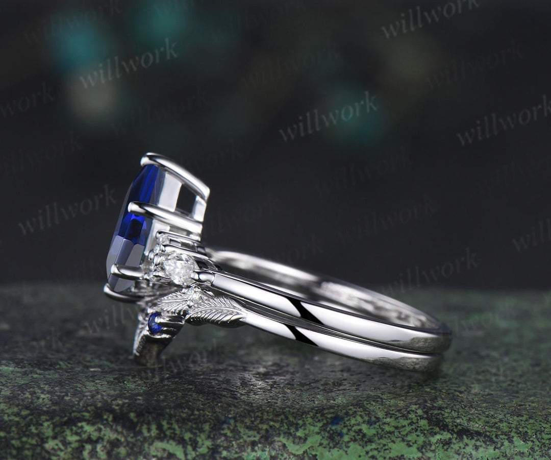Kite cut blue sapphire engagement ring set moissanite vintage white gold ring leaf nature inspired wedding ring band retro bridal set