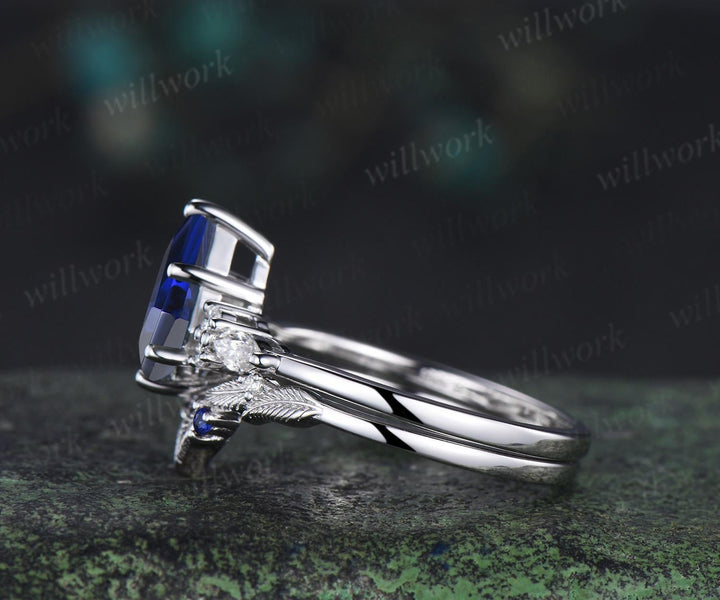 Kite cut blue sapphire engagement ring set moissanite vintage white gold ring leaf nature inspired wedding ring band retro bridal set