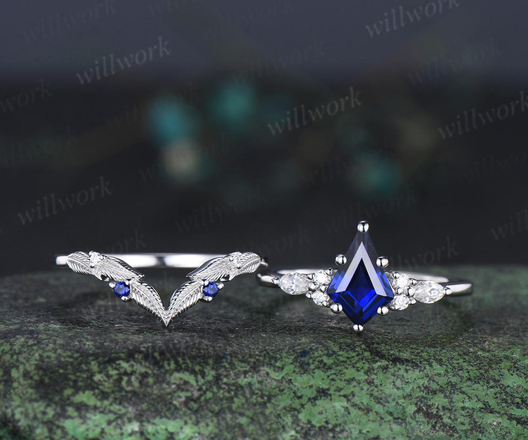 Kite cut blue sapphire engagement ring set moissanite vintage white gold ring leaf nature inspired wedding ring band retro bridal set