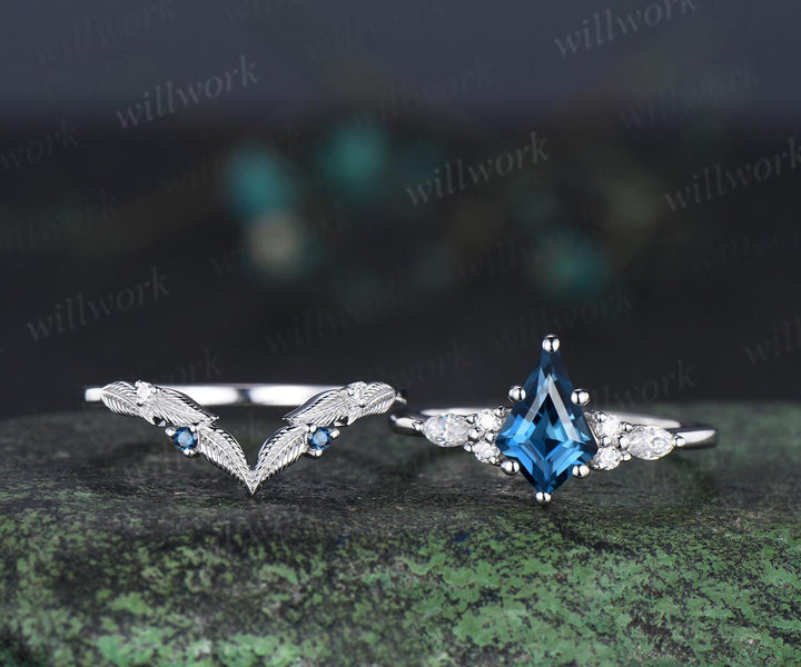 Kite cut London blue topaz engagement ring set moissanite art deco white gold ring leaf nature inspired unique wedding ring set jewelry