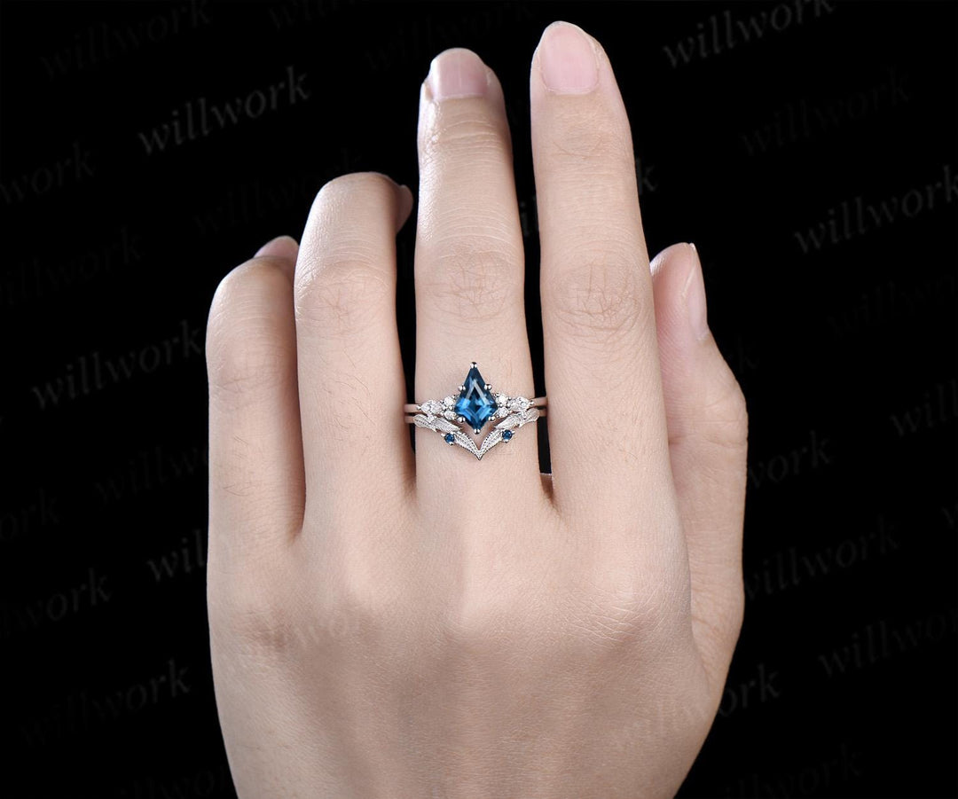 Kite cut London blue topaz engagement ring set moissanite art deco white gold ring leaf nature inspired unique wedding ring set jewelry