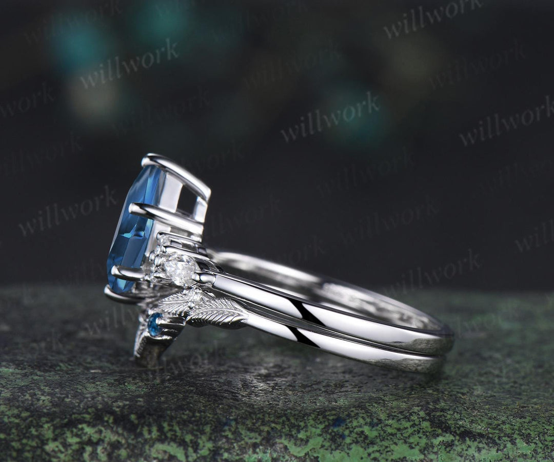 Kite cut London blue topaz engagement ring set moissanite art deco white gold ring leaf nature inspired unique wedding ring set jewelry