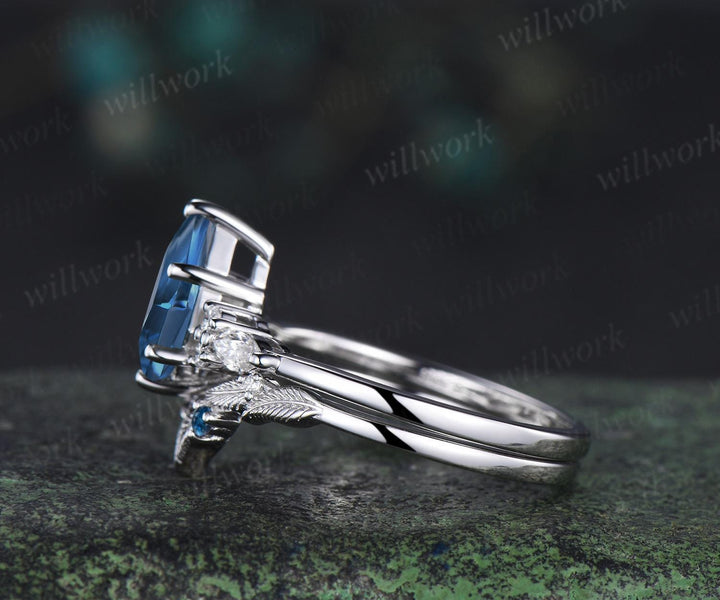 Kite cut London blue topaz engagement ring set moissanite art deco white gold ring leaf nature inspired unique wedding ring set jewelry