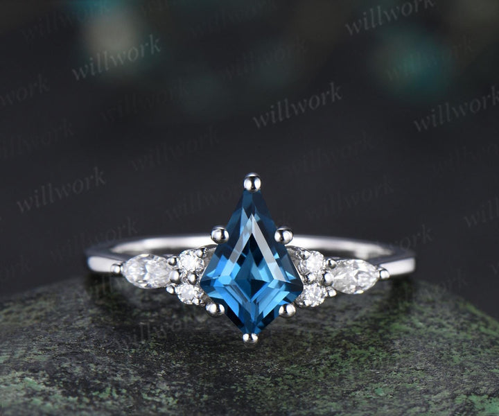 Kite cut London blue topaz engagement ring set moissanite art deco white gold ring leaf nature inspired unique wedding ring set jewelry