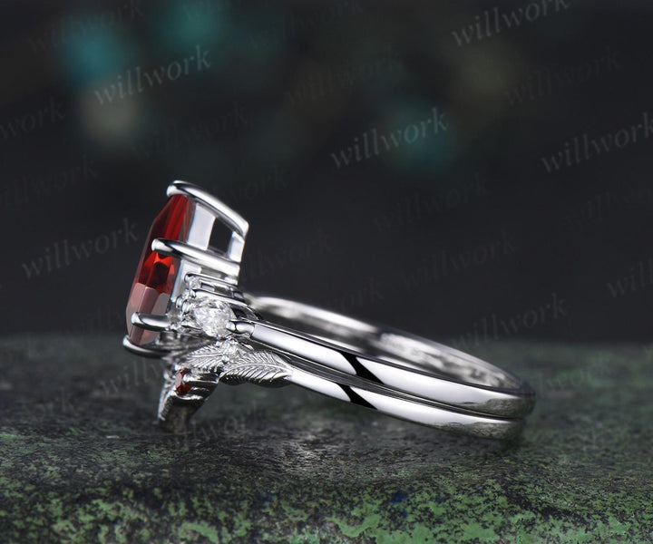 Kite cut red ruby ring vintage white gold unique leaf nature inspired engagement ring set handmade bridal set women jewelry
