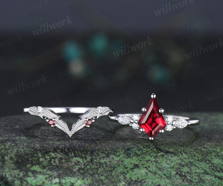 Kite cut red ruby ring vintage white gold unique leaf nature inspired engagement ring set handmade bridal set women jewelry