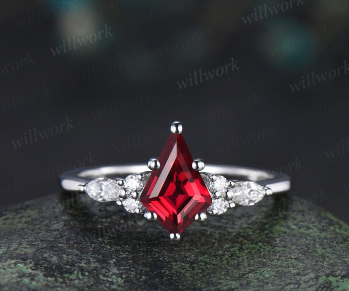 Kite cut red ruby ring vintage white gold unique leaf nature inspired engagement ring set handmade bridal set women jewelry