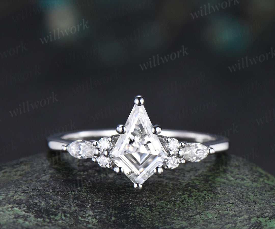 Kite cut moissanite ring vintage white gold unique leaf nature inspired engagement ring set handmade bridal set women jewelry