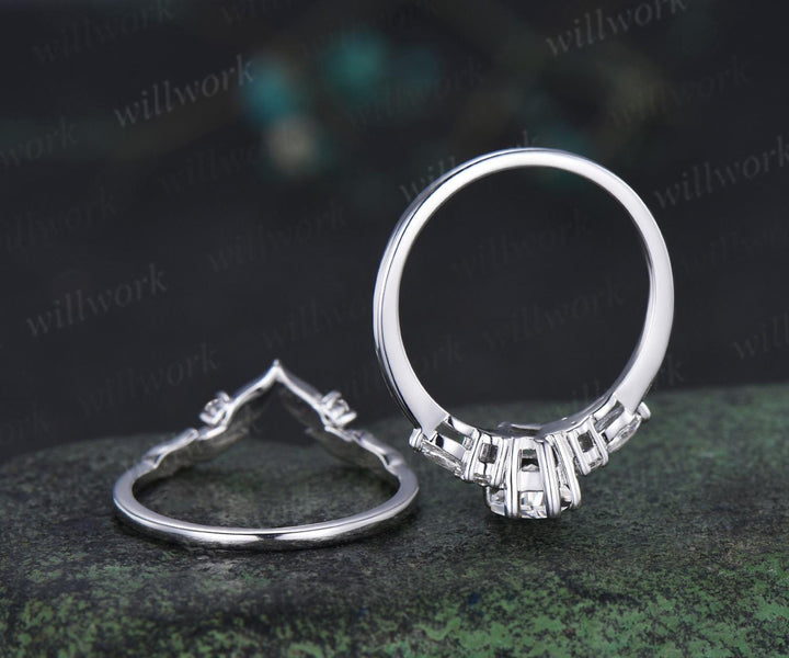 Kite cut moissanite ring vintage white gold unique leaf nature inspired engagement ring set handmade bridal set women jewelry