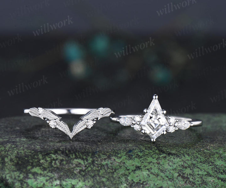 Kite cut moissanite ring vintage white gold unique leaf nature inspired engagement ring set handmade bridal set women jewelry