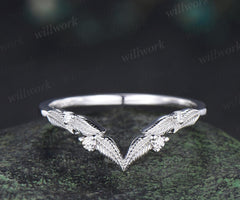 Curved V shaped diamond leaf wedding band white gold nature inspired stacking bridal ring women