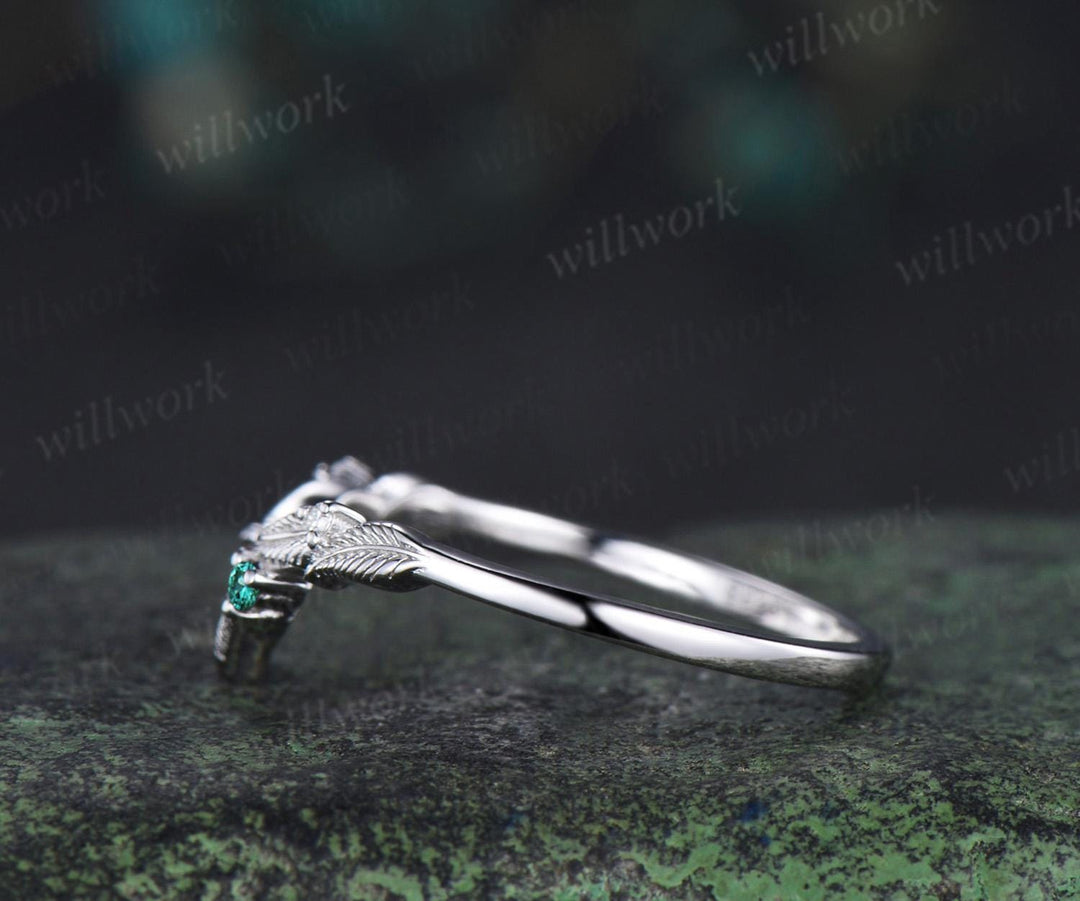Curved V shaped emerald leaf wedding band white gold moissanite nature inspired stacking bridal ring women