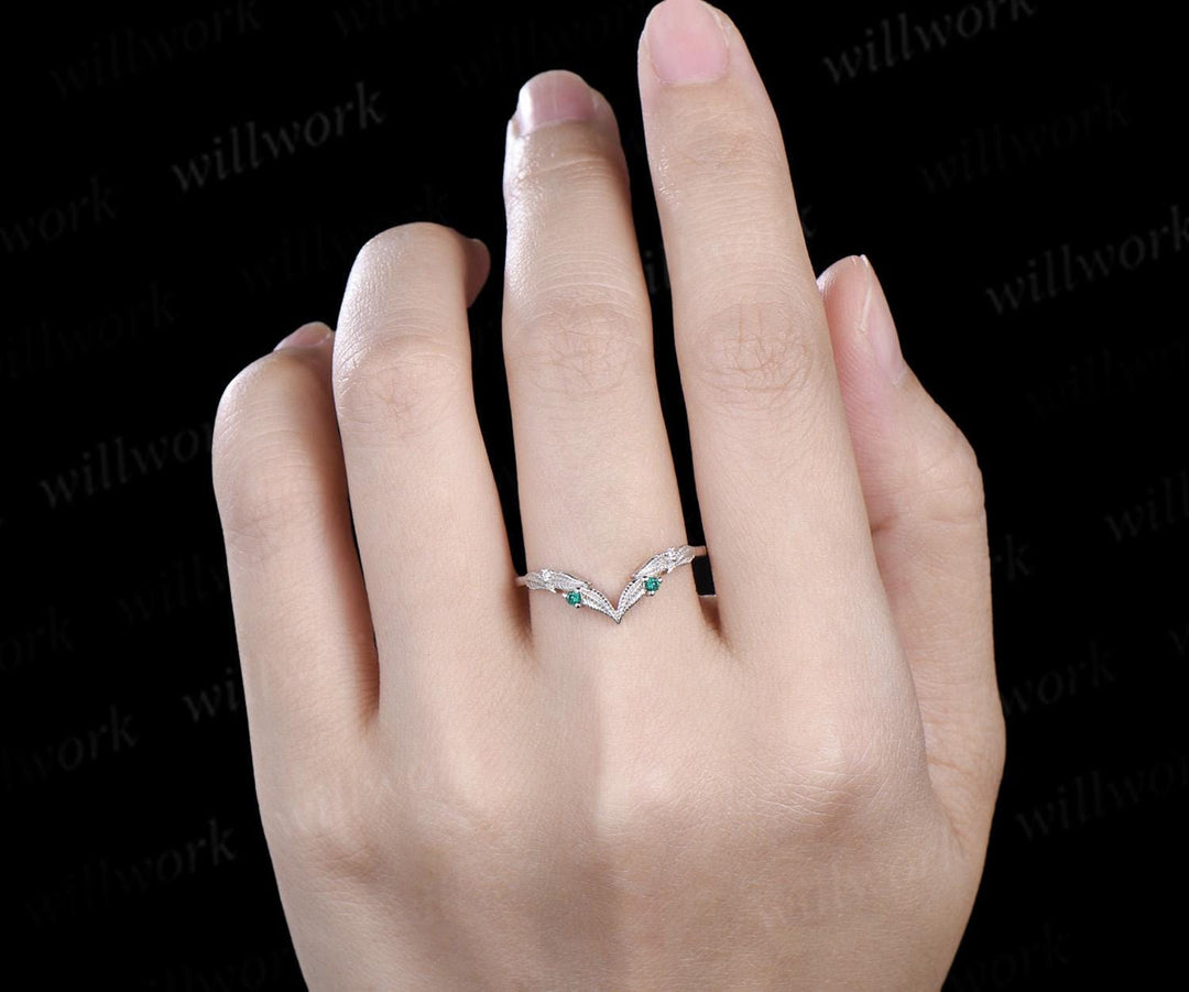 Curved V shaped emerald leaf wedding band white gold moissanite nature inspired stacking bridal ring women