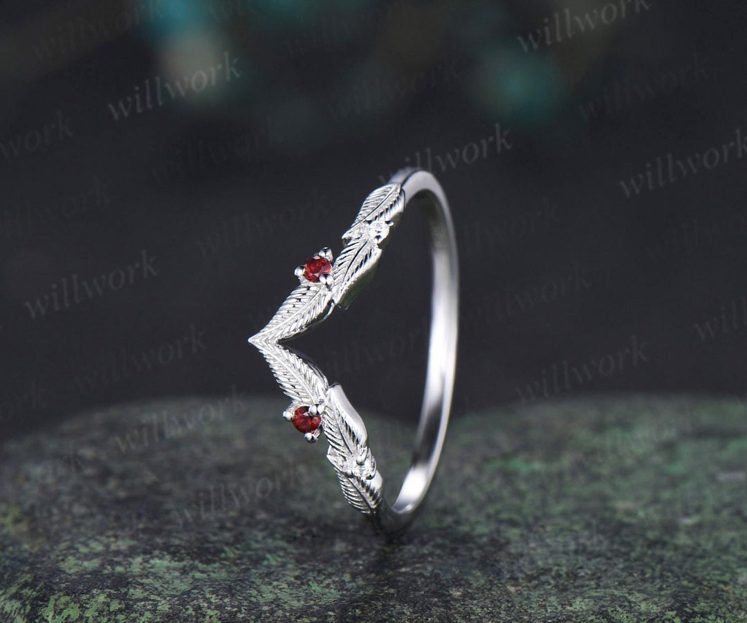 Curved V shaped garnet leaf wedding band white gold moissanite nature inspired stacking bridal ring women
