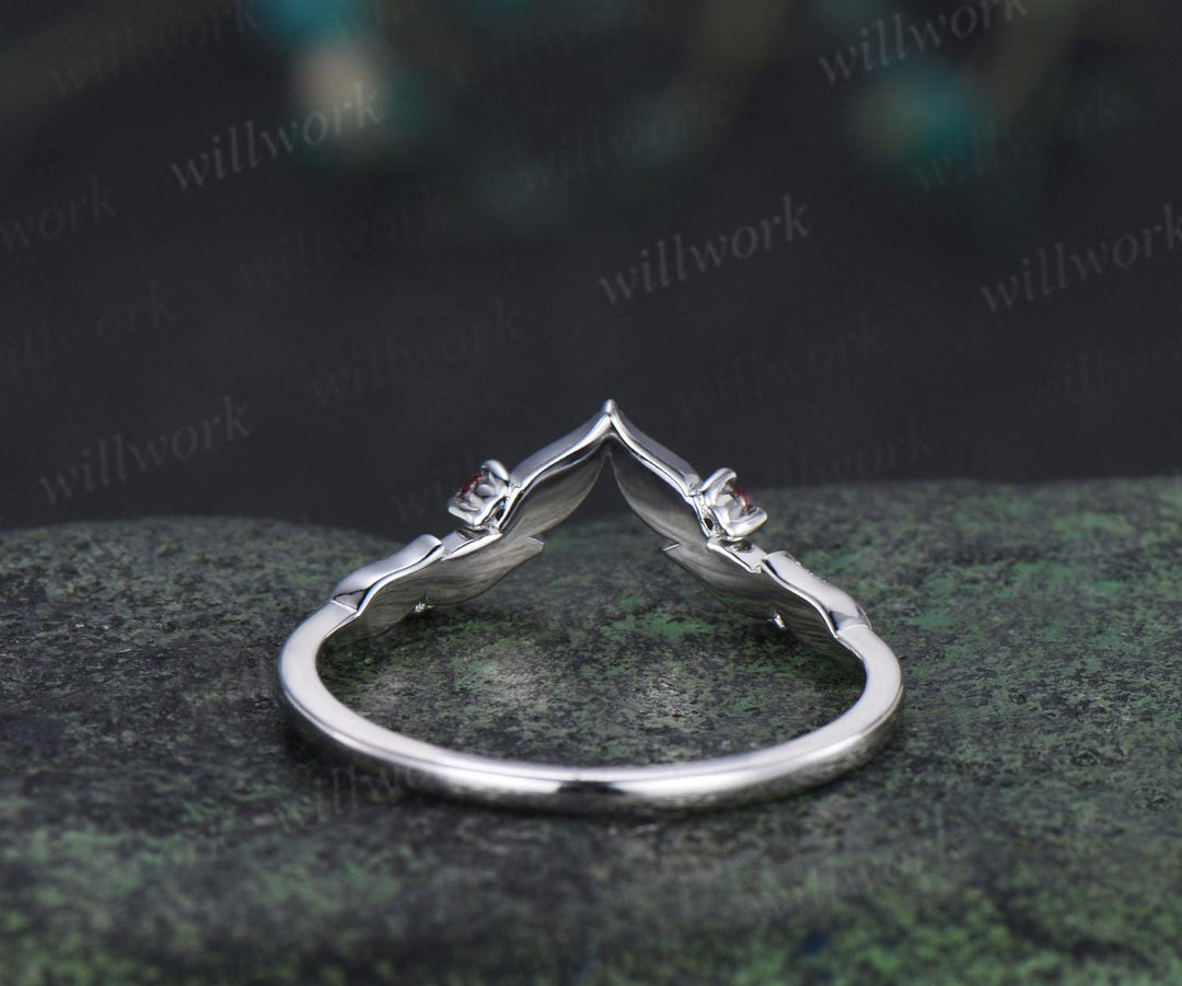 Curved V shaped garnet leaf wedding band white gold moissanite nature inspired stacking bridal ring women