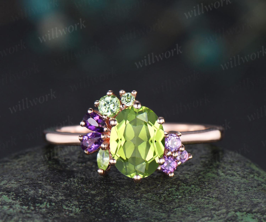Oval cut peridot engagement ring 14k rose gold 6 prong cluster amethyst ring women anniversary gift for her August birthstone ring silver