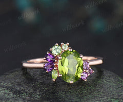 Oval cut peridot engagement ring 14k rose gold 6 prong cluster amethyst ring women anniversary gift for her August birthstone ring silver
