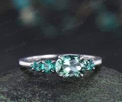 1ct green sapphire emerald engagement ring oval cut 14k white gold east to west unique promise wedding ring women four stone ring silver