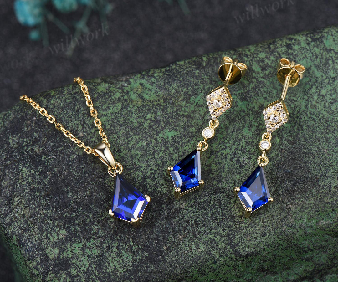 Vintage Kite cut blue sapphire earrings necklace set solid 9k 14k yellow gold bezel halo moissanite unique pendant Women anniversary gift