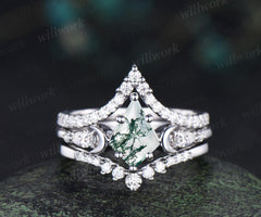 3pc kite cut natural moss agate ring vintage white gold moon five stone engagement ring set diamond unique wedding promise ring women silver