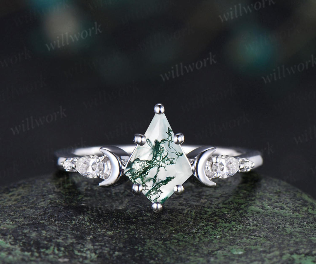 3pc kite cut natural moss agate ring vintage white gold moon five stone engagement ring set diamond unique wedding promise ring women silver