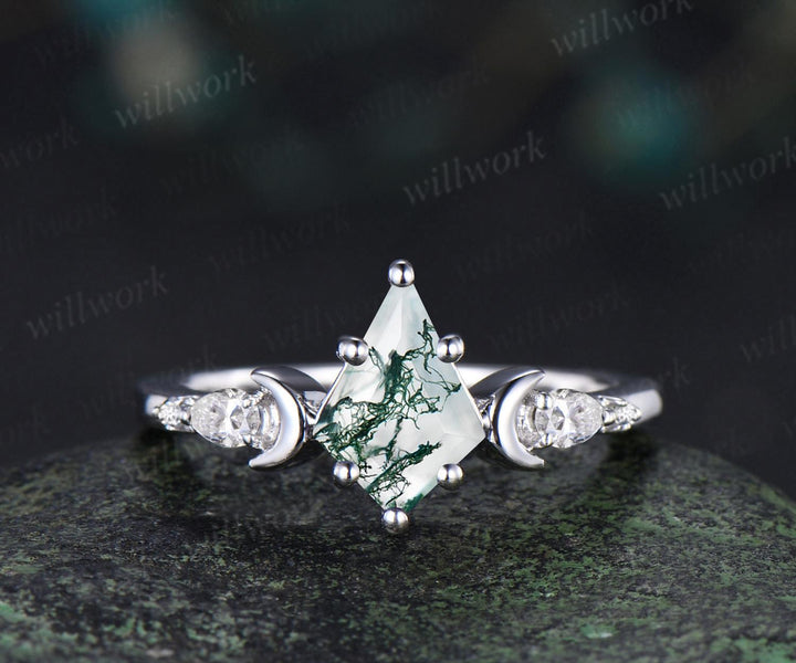 3pc kite cut natural moss agate ring vintage white gold moon five stone engagement ring set diamond unique wedding promise ring women silver