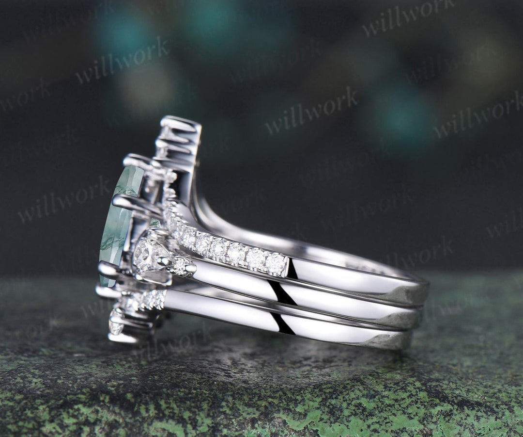 3pc kite cut natural moss agate ring vintage white gold moon five stone engagement ring set diamond unique wedding promise ring women silver