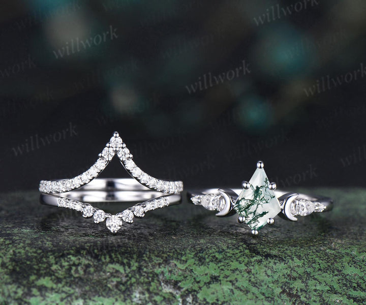 3pc kite cut natural moss agate ring vintage white gold moon five stone engagement ring set diamond unique wedding promise ring women silver