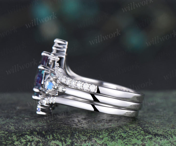 3pc kite cut Alexandrite ring vintage white gold moon five stone engagement ring set moonstone diamond unique wedding promise ring women
