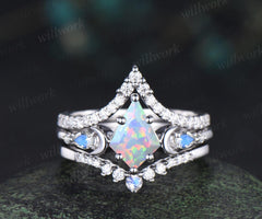 3pc kite cut opal ring vintage white gold moon five stone engagement ring set moonstone diamond unique wedding bridal ring set gift women
