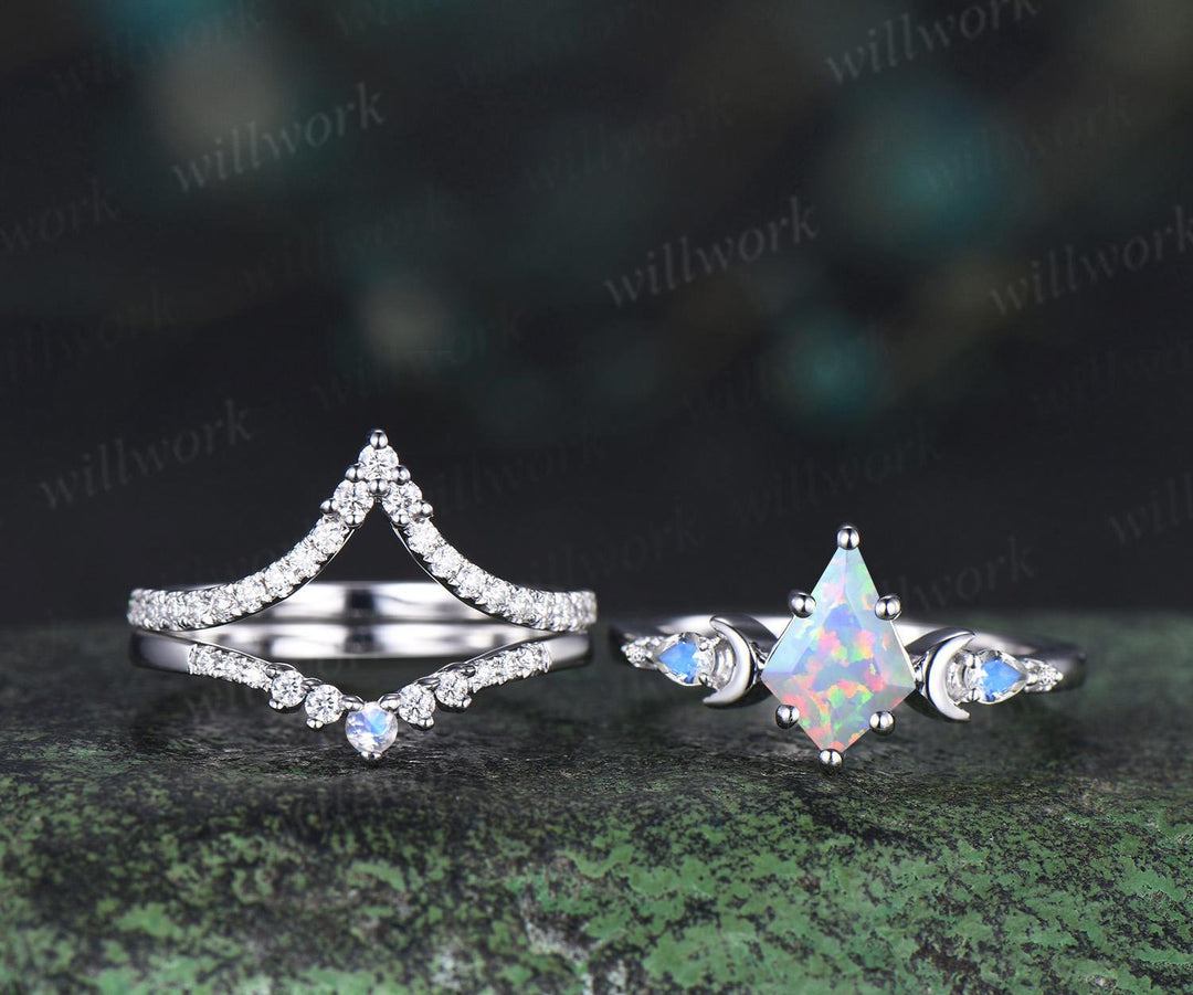 3pc kite cut opal ring vintage white gold moon five stone engagement ring set moonstone diamond unique wedding bridal ring set gift women