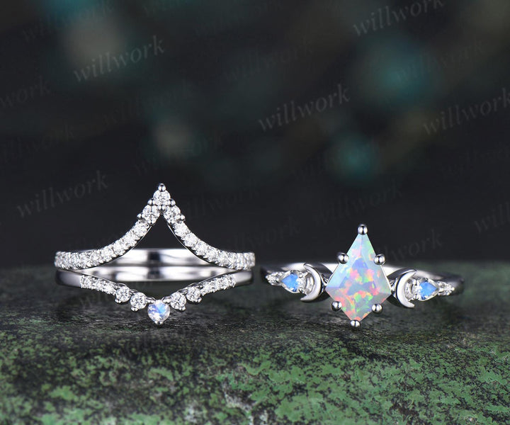 3pc kite cut opal ring vintage white gold moon five stone engagement ring set moonstone diamond unique wedding bridal ring set gift women