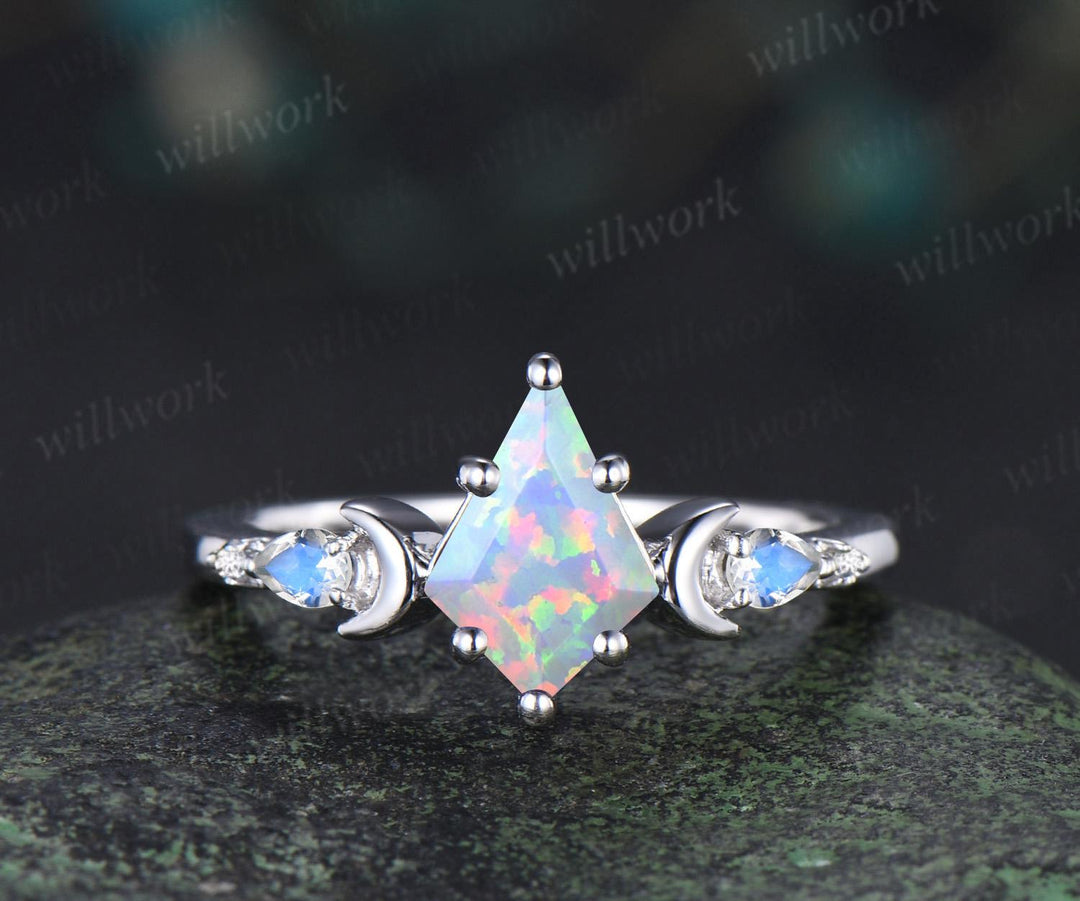 3pc kite cut opal ring vintage white gold moon five stone engagement ring set moonstone diamond unique wedding bridal ring set gift women