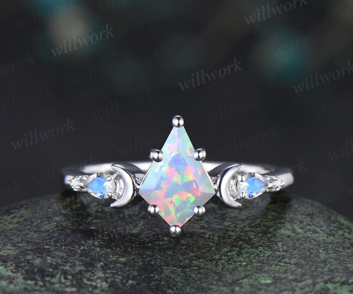 3pc kite cut opal ring vintage white gold moon five stone engagement ring set moonstone diamond unique wedding bridal ring set gift women