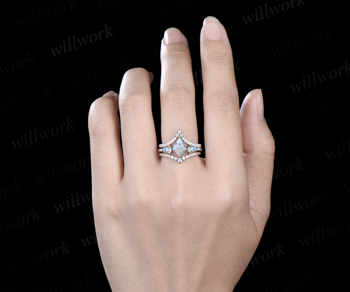 3pc kite cut opal ring vintage white gold moon five stone engagement ring set moonstone diamond unique wedding bridal ring set gift women