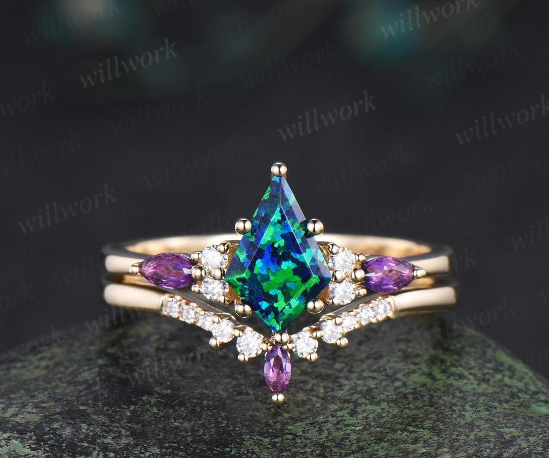 3pcs kite cut black opal engagement ring set 14k yellow gold amethyst moissanite unique stacking wedding bridal ring set women jewelry