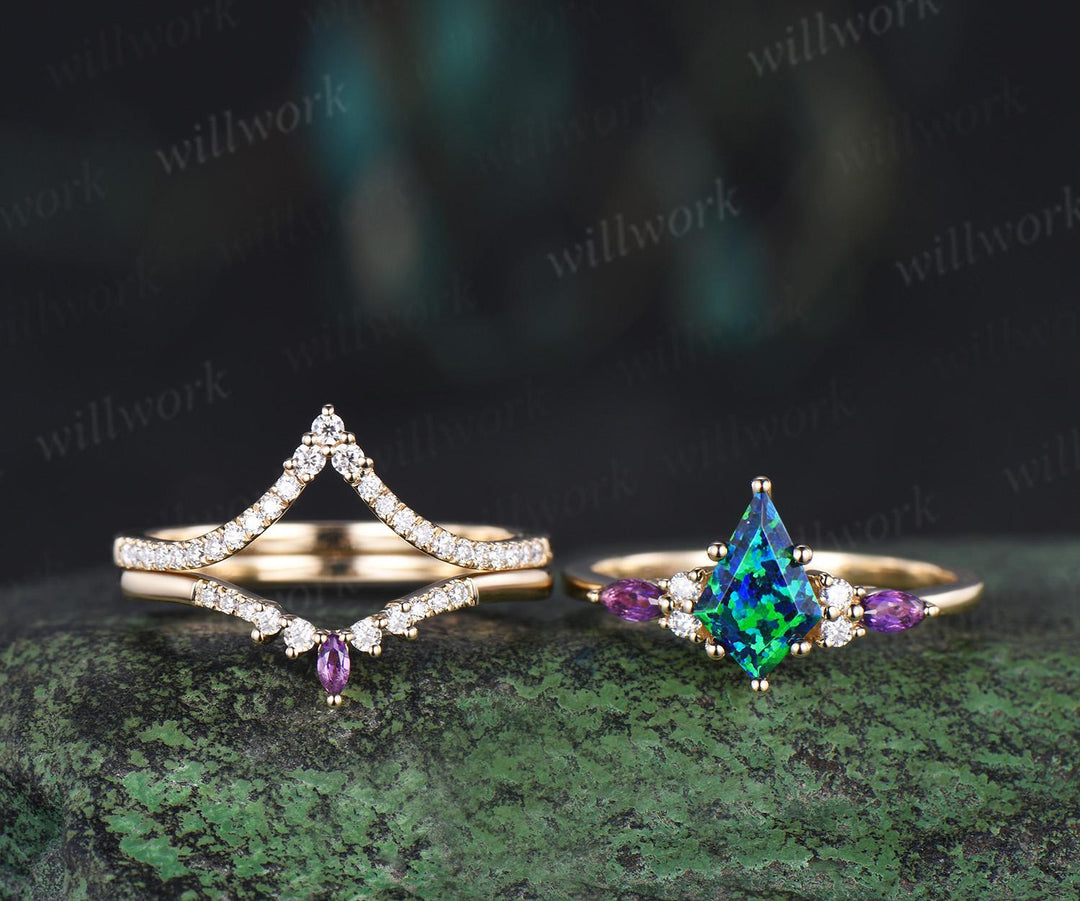 3pcs kite cut black opal engagement ring set 14k yellow gold amethyst moissanite unique stacking wedding bridal ring set women jewelry