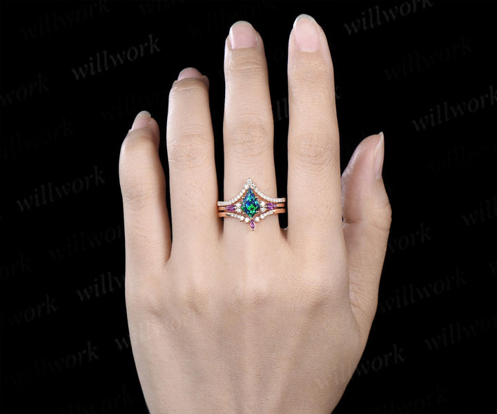 3pcs kite cut black opal engagement ring set 14k yellow gold amethyst moissanite unique stacking wedding bridal ring set women jewelry