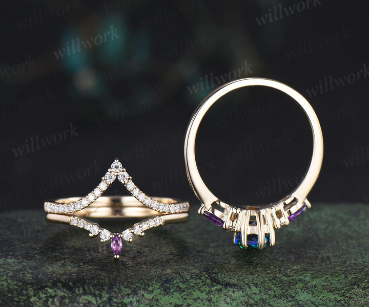 3pcs kite cut black opal engagement ring set 14k yellow gold amethyst moissanite unique stacking wedding bridal ring set women jewelry