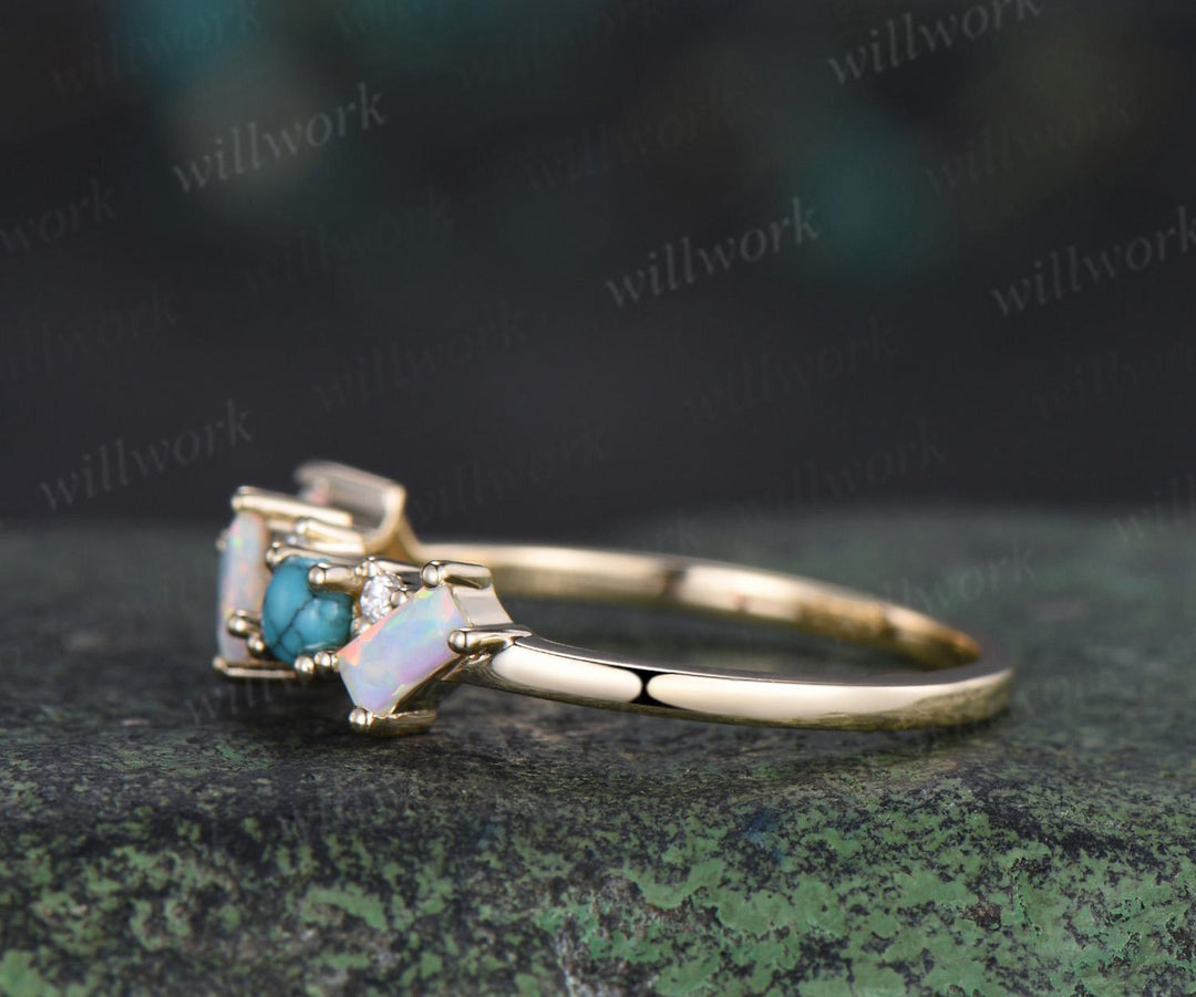 Turquoise ring cluster baguette cut opal wedding band 14k yellow gold moissanite Multi-stone ring unique dainty bridal ring women gift