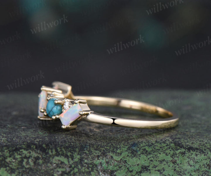 Turquoise ring cluster baguette cut opal wedding band 14k yellow gold moissanite Multi-stone ring unique dainty bridal ring women gift