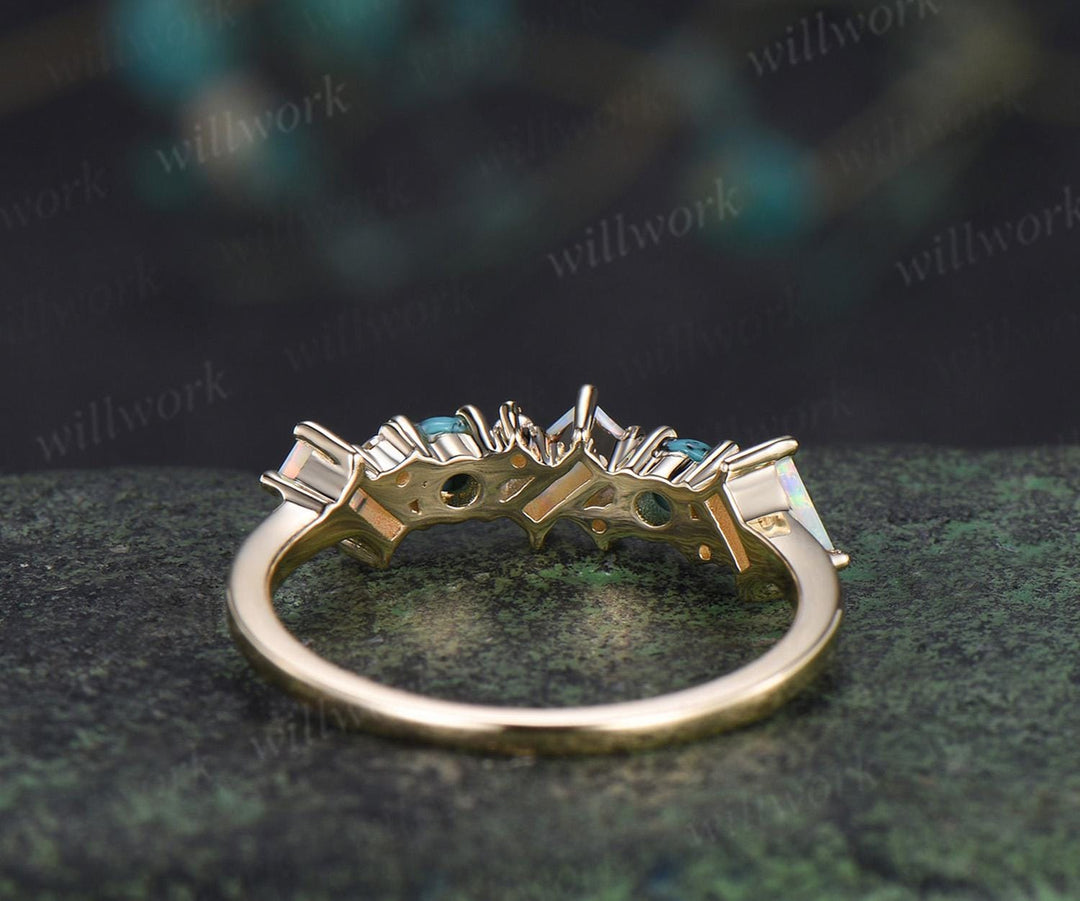 Turquoise ring cluster baguette cut opal wedding band 14k yellow gold moissanite Multi-stone ring unique dainty bridal ring women gift