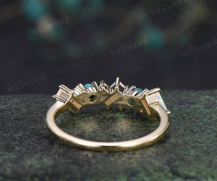 Turquoise ring cluster baguette cut opal wedding band 14k yellow gold moissanite Multi-stone ring unique dainty bridal ring women gift