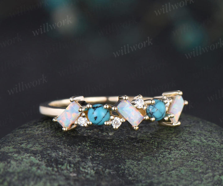 Turquoise ring cluster baguette cut opal wedding band 14k yellow gold moissanite Multi-stone ring unique dainty bridal ring women gift