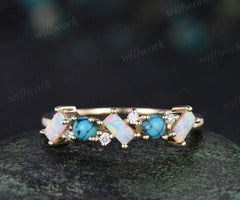 Turquoise ring cluster baguette cut opal wedding band 14k yellow gold moissanite Multi-stone ring unique dainty bridal ring women gift