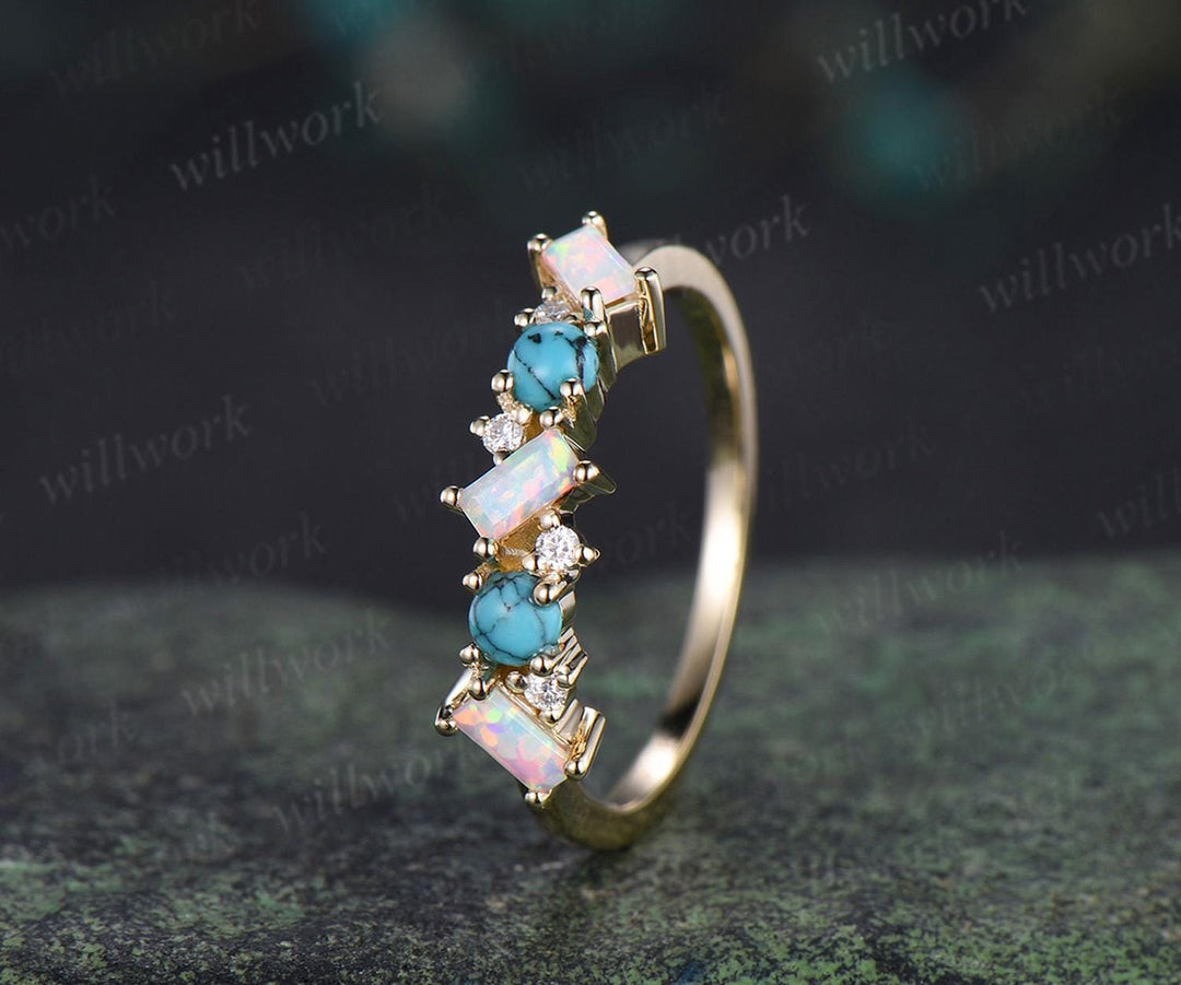 Turquoise ring cluster baguette cut opal wedding band 14k yellow gold moissanite Multi-stone ring unique dainty bridal ring women gift